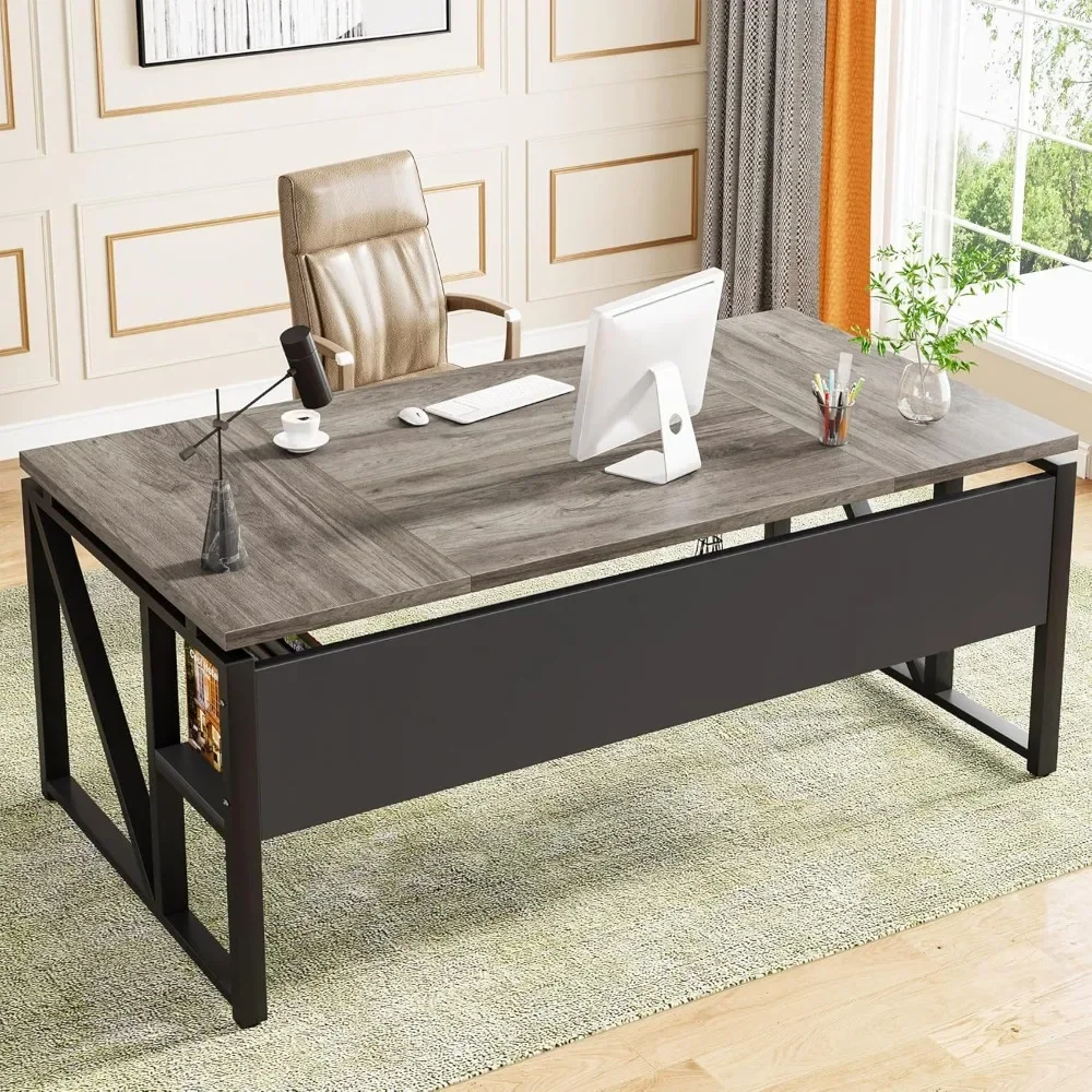 

Computer Desk with Bottom Storage Shelf Home Office Desk Writing Table for Workstation,Dark Walnut + Steel Leg,