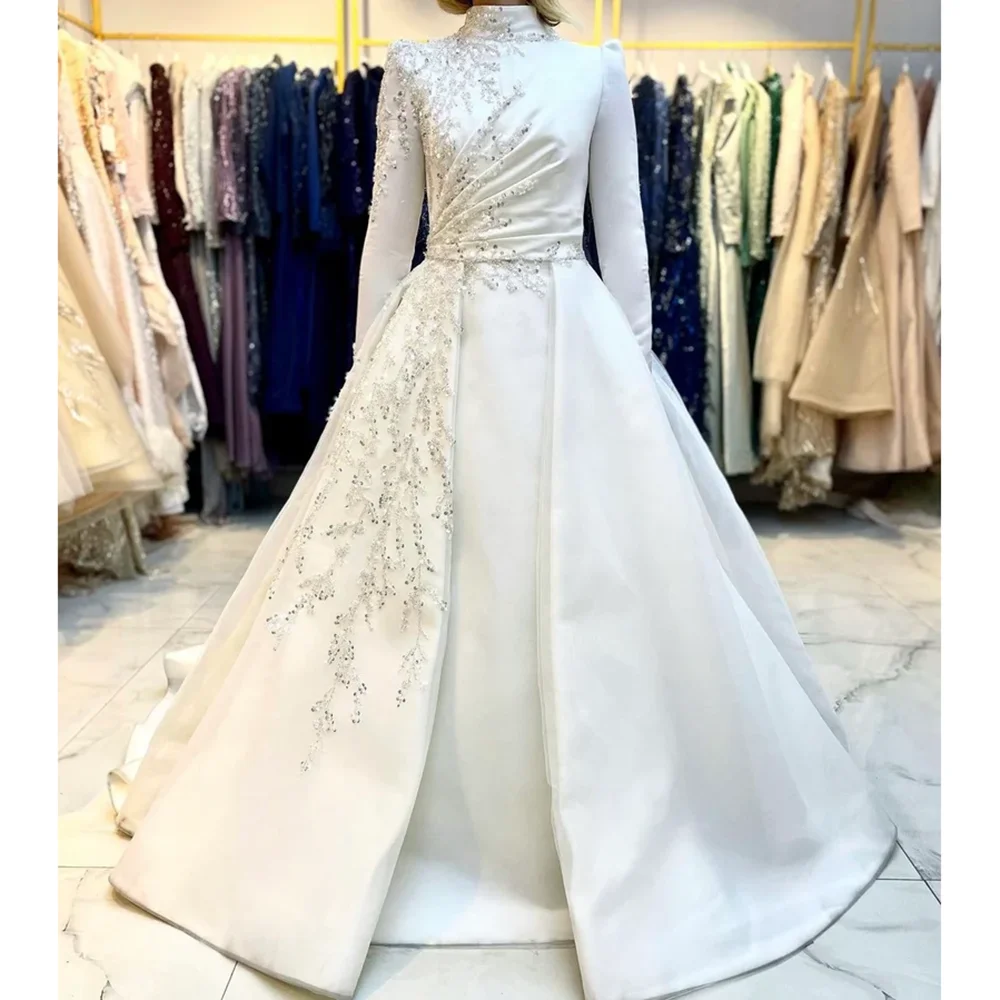 

STEVDITG White Elegant Wedding Dress Fashion High Collar Long Sleeves A-Line Gowns Luxury Beads Sequined Appliques Bride Dress