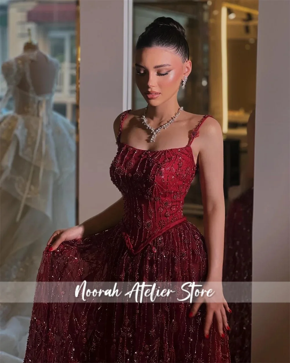 New Red Halter Beading Tassel New Luxury Women Evening Dresses 2025 Dubai Aline Long Party Gown Crepe Vestidso Customized