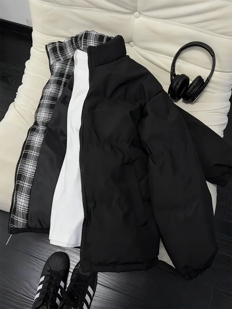 

Утепленная мужская хлопковая куртка Thiened Warmth: зимняя верхняя одежда с клетчатыми вставками, воротником-стойкой, из полиэфирного волокна, с длинными рукавами, на молнии