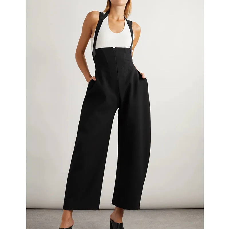 Women's New Black Fishbone High Waist Overalls Fashion Loose Shoulder Strap Wide-leg Pants High End Clothes Street Wear Autumn