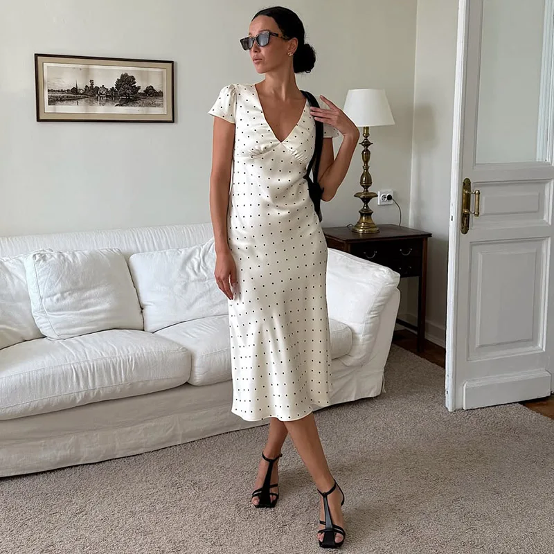 Tornova Satin Printed Long Dress Women's New Short Sleeve V neck Dress Casual Elegant Commuting Outfits High Waist Flower Dress