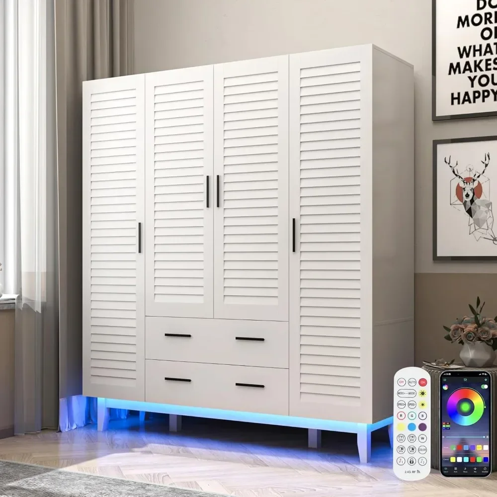 4 Door Armoire Wardrobe Closet Cabinet with Drawers and LED Lights, Large Capacity Storage Wardrobe Armoire