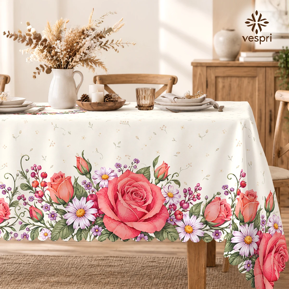 Botanical Tablecloth with Roses & Green Foliage for Indoor/Outdoor Camping decor, Rectangular/Round/Oval