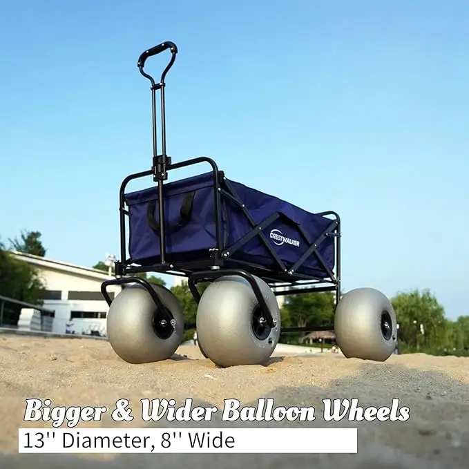 Beach Wagon with 13'' Balloon Wheels, Collapsible Cart with Big Wheels for Sand (Pump Included)