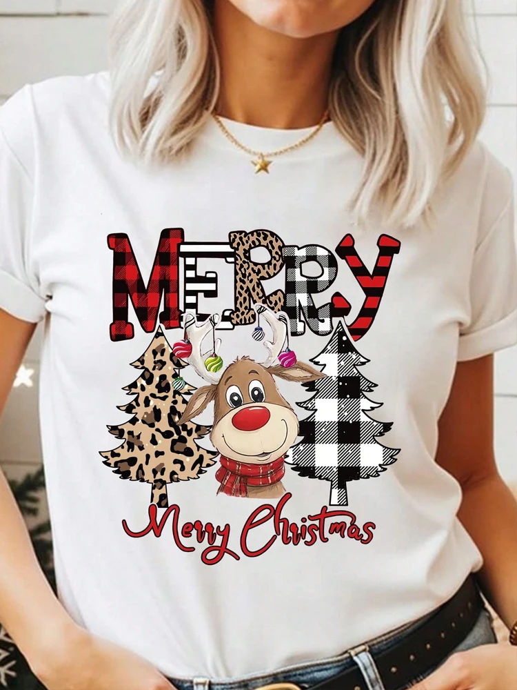 New Cute Reindeer Merry Christmas T-Shirts Women Fashion Deer Printed T Shirt Streetwear Harajuku Short Sleeve Female Tees Tops