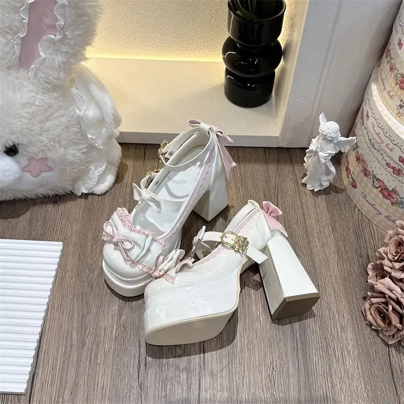 Lovely Girls Lolita Bowknots Platform Block Heels Shoes Platform ,Female Students Sweet High-heeled Delicate Elevator Mary Janes