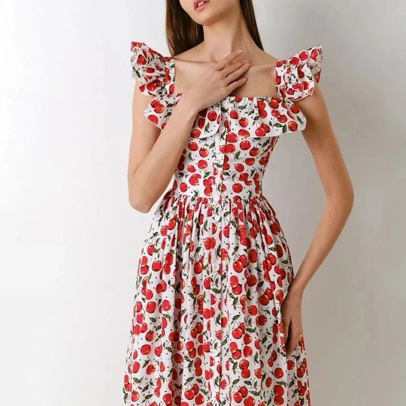 Sexy pescoço quadrado manga voadora vestido longo elegante floral impressão altura cintura vestido de festa moda feminina botão plissado bohe vestidos