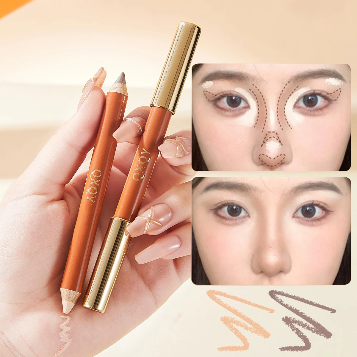 Three Dimensional Fine Dual Head Contour Pen, Used to Fade Tear Hole Marks, Naturally Shape Nasal Shadow Contours, and Comes Wit