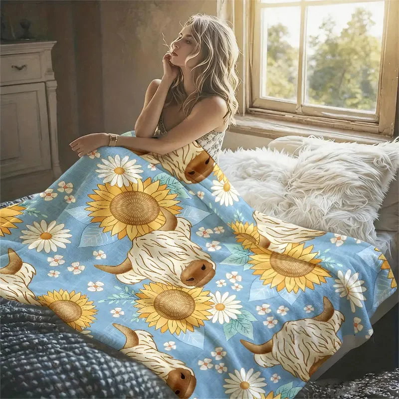 Highland Cow Sunflower Flannel Blanket Warm Soft Halloween Christmas Decorative Couch Warm Cozy All-Season Gift