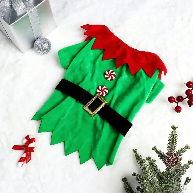 Ein T-Shirt für Hunde, ein weihnachtliches Elfen-T-Shirt mit Knöpfen, weihnachtliche Haustierkostümkleidung. – Detail 8