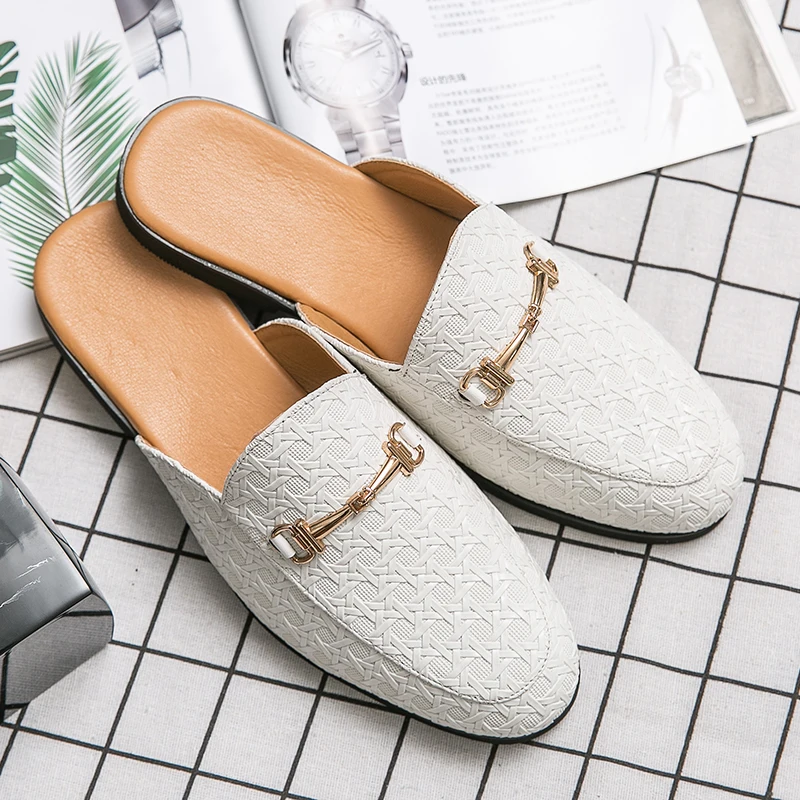 Outdoor Summer Men Closed Toe Leather Backless Mules Slip On Loafers Summer Casual Half Shoes Slides Sandals Slippers
