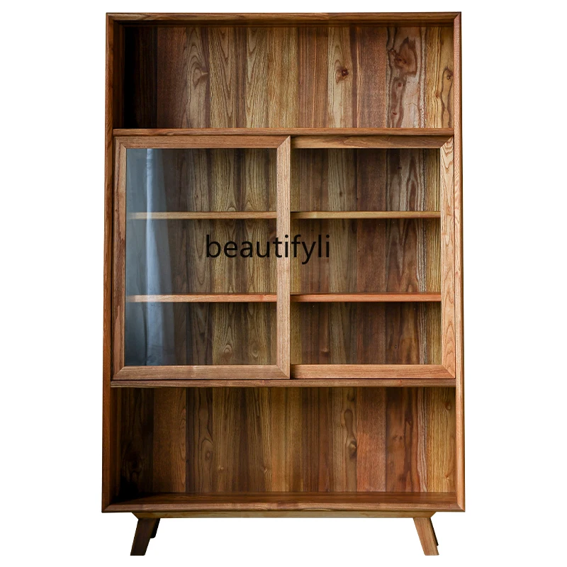 

Japanese-Style Simple Solid Wood Sideboard Large Capacity Storage Storage Cabinet Transparent Glass Sliding Door Storage