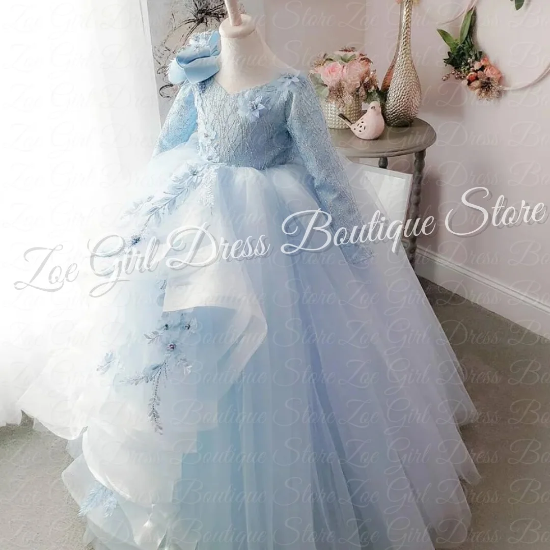 

Light Blue Flower Girl Dresses for Wedding With Bows Lace Appliques Backless Ball Gowns Baby Girl Birthday Ball Gowns Customized