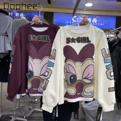 2024 Winter New Loose Cartoon Printed Letter Fleece Sweatshirts Female Casual Round Neck Pullover Long Sleeve Hoodies Women