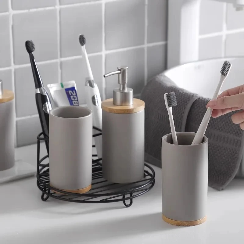 Toothbrush Holder Cup Ceramics Tooth Brush Organizer Nordic Style Bathroom Accessories Set with Wood Base Bathroom Space Saving