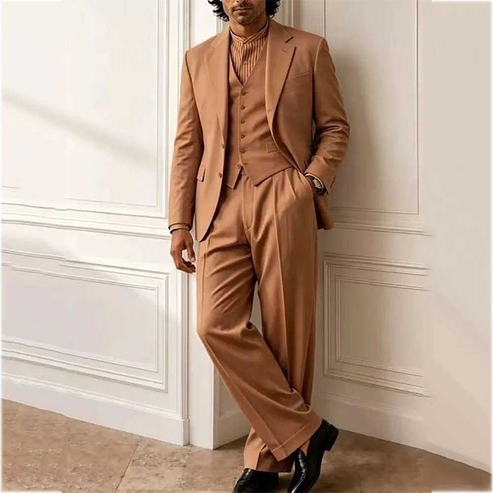 Smart Casual Men Suits Solid Color Elegant Notch Lapel Straight Fit Pleated Trousers 3 Pieces Daily Office Fashion Clothes Set
