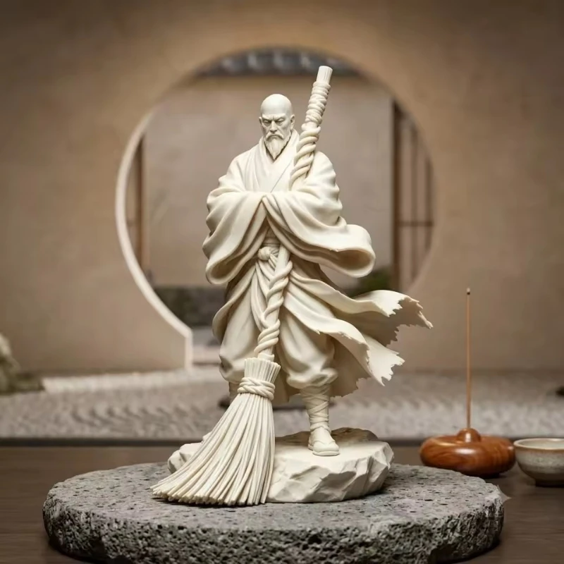 Zen Oriental Monk Figurine with Broom Flowing Robe Elder Sculpture Chinese Style Resin Statue for Tea Room Meditation Table
