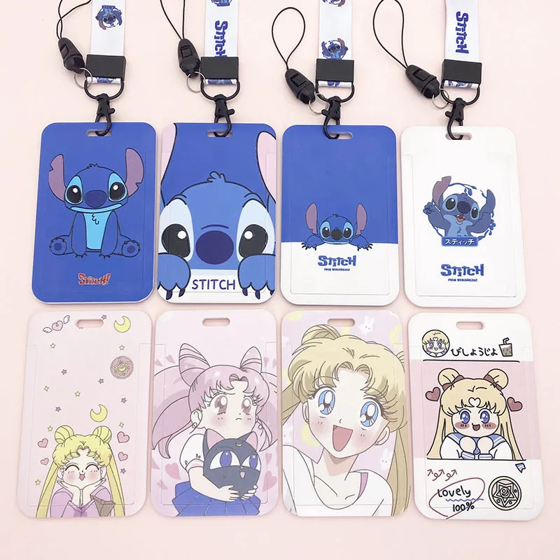 1pc Anime Cartoon Girls Students Gift Bus Pass ID Card Protector with Lanyard Keychain Hanger Weave Rope Round Badges Key Holder