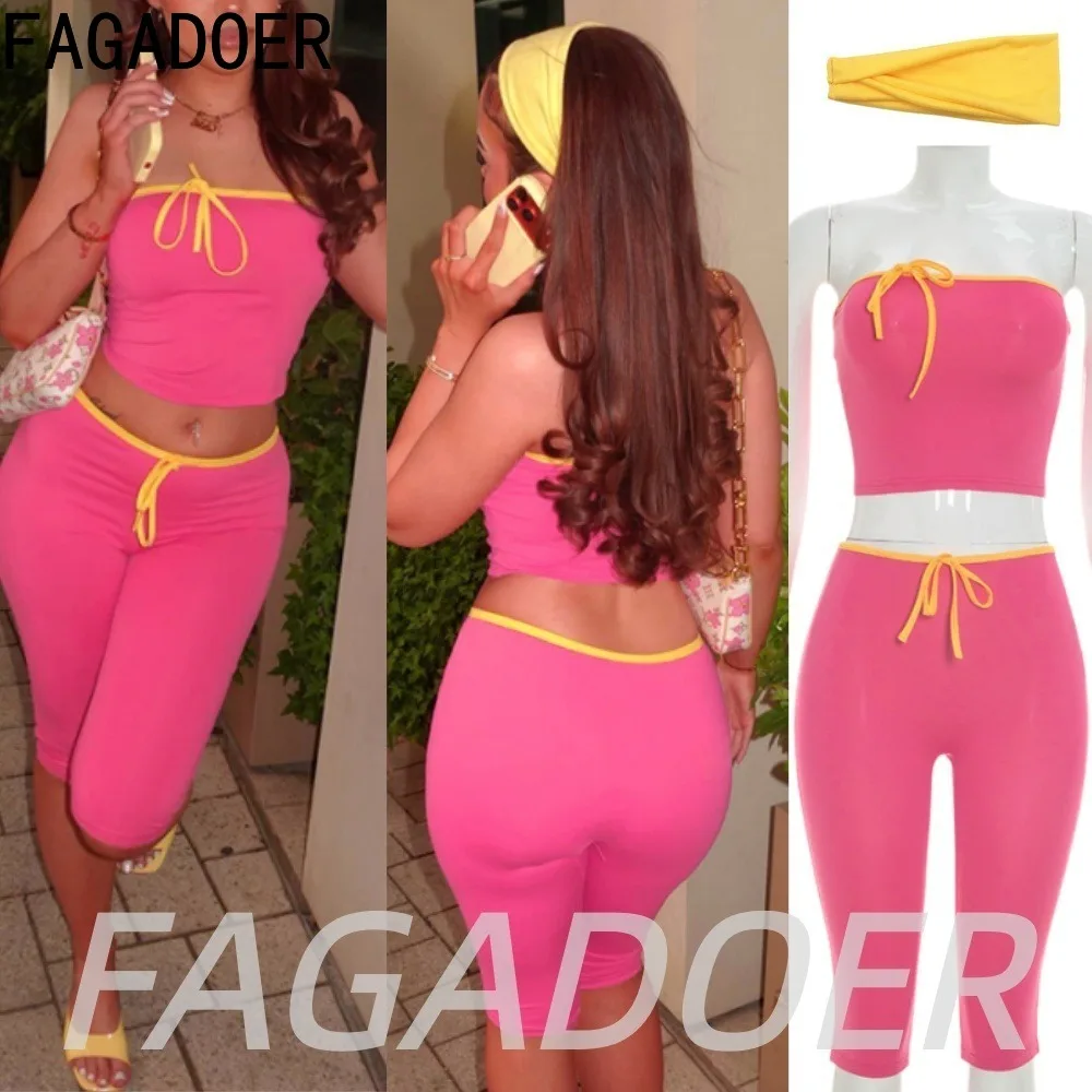 

FAGADOER Fashion Rose Red Patchwork Lace-up Shorts Two Piece Sets Summer Hotsweet Off Shoulder Crop Top + Bodycon Shorts Outfits