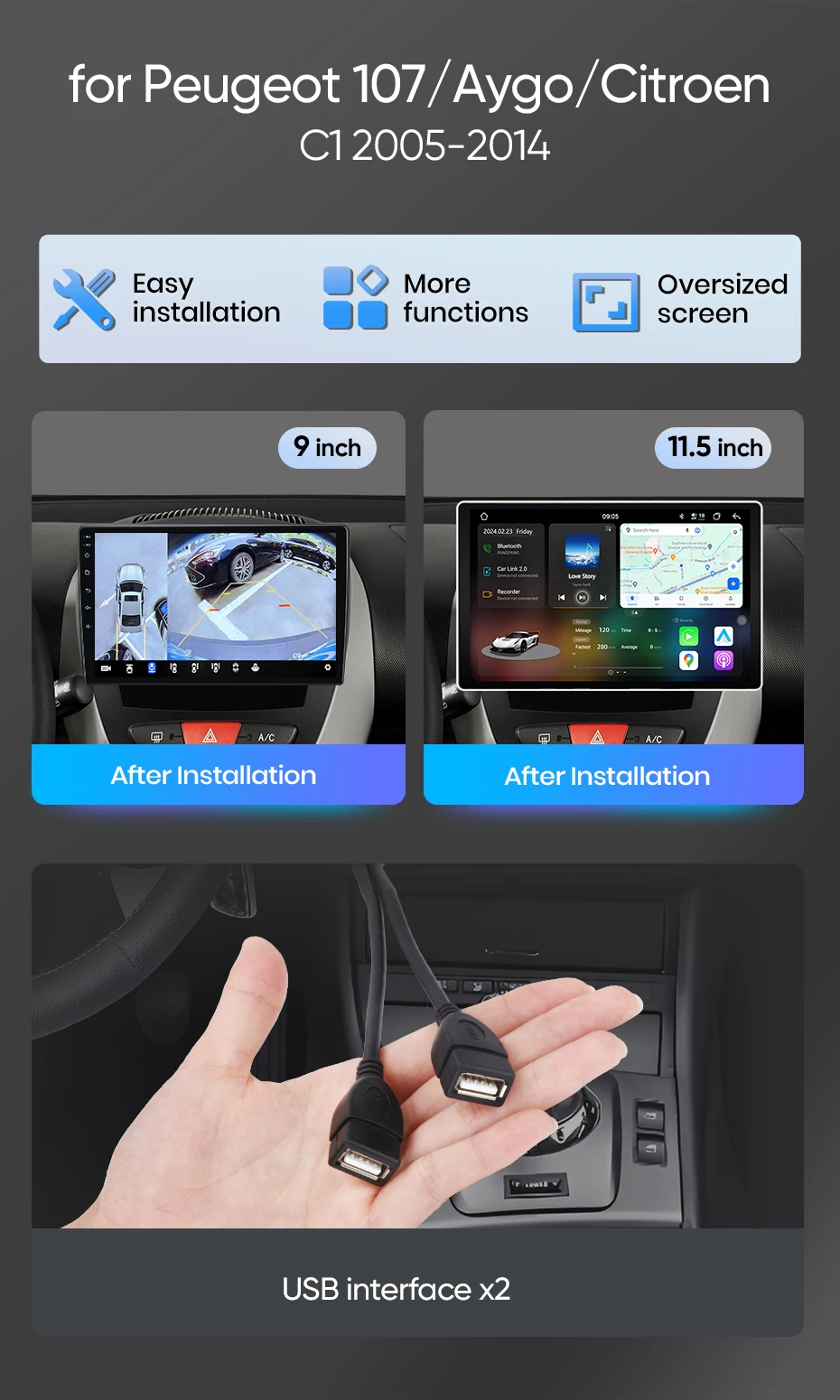 Junsun Android Auto Autoradio für Peugeot 107, Toyota Aygo, Citroen C1 2005 2006 2007-2014, Multimedia, kabelloses Apple CarPlay, intelligente Systeme, IPS-Touchscreen, Stereo-Videoplayer, 2-DIN-Autoradio, Headunit, Navigation, BT, GPS, 4G, WIFI, FM, AM, DSP, RDS, SWC – Detail 4