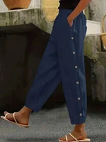 Plus Size Women's Solid Color Casual Straight-Leg Button Pants Dark Blue Comfortable All Season Wear No Stretch Pants - Image 5