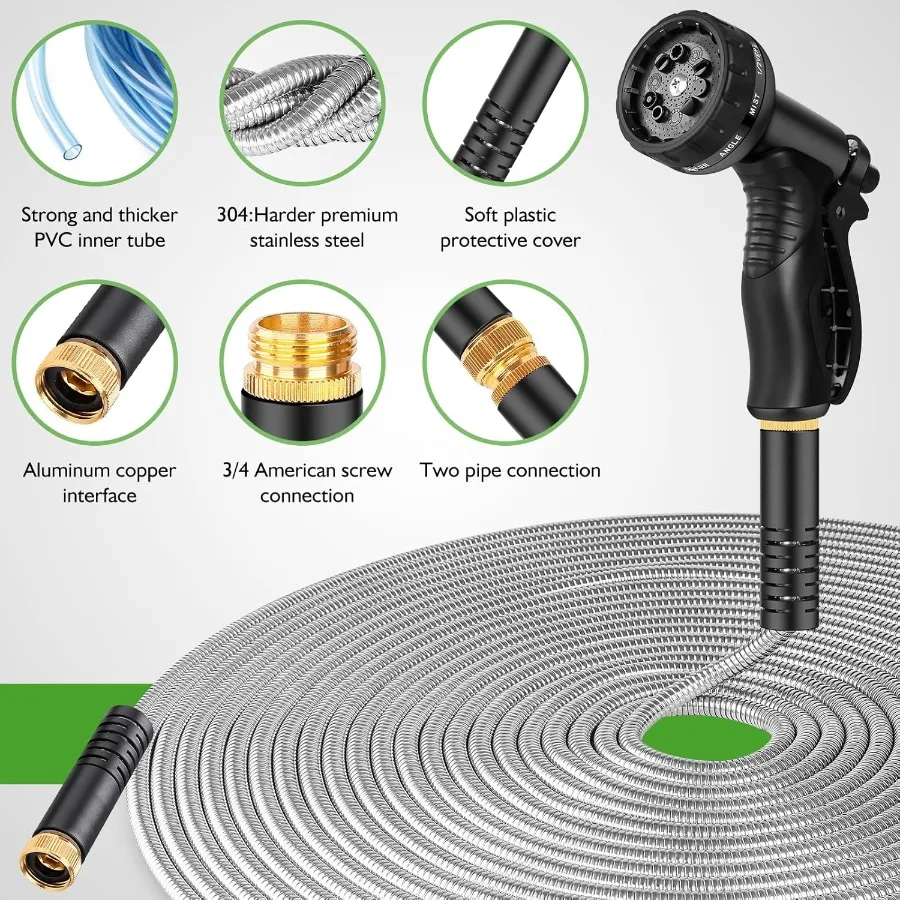 200フィート ステンレス製ヘビーデューティーガーデンホース、10機能ノズル付き、庭、屋外、RV用、ねじれにくい、丈夫で柔軟、頑丈