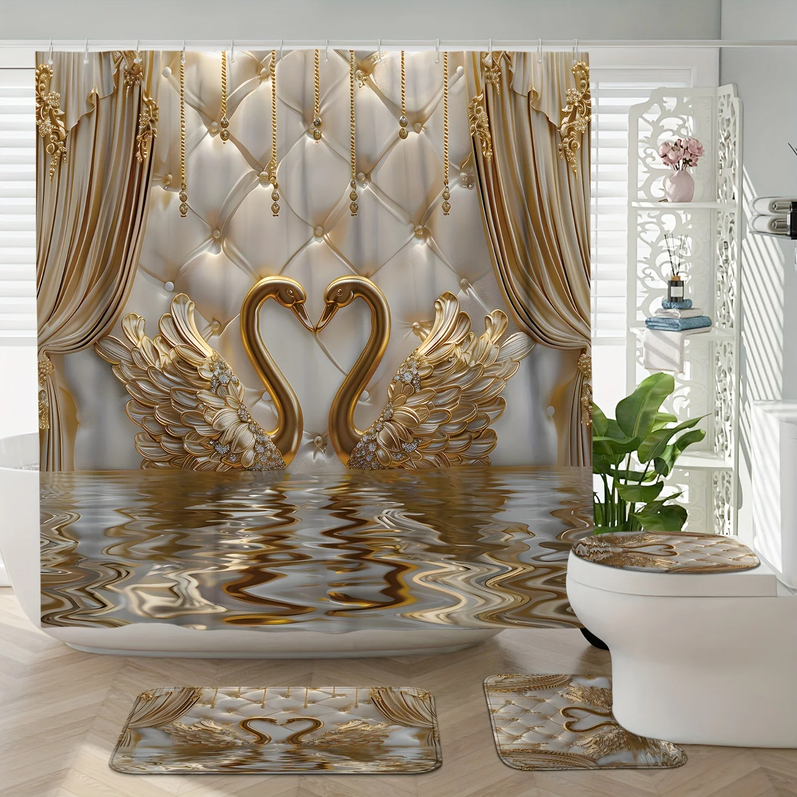 Luxurious Gold Swan Bathroom Four-Piece Set - Elegant Design with 3D Swans and Quilted Patterns for a High-Elegance