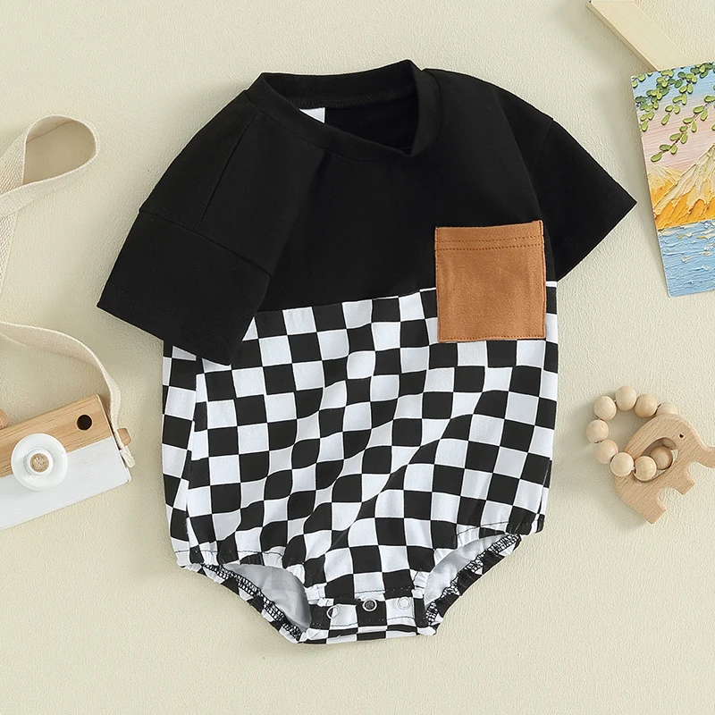 

Toddler Baby Boy Girl Romper Clothes Checkerboard Oversized Bubble Bodysuit Playsuit Newborn Summer Outfit