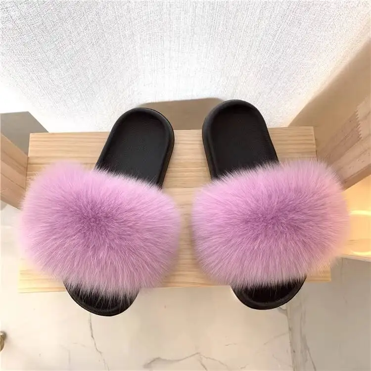 

Women's Fox Fur Slippers With Fluffy Cozy Indoor Slide Sandals Soft Warm Home Shoes For Summer