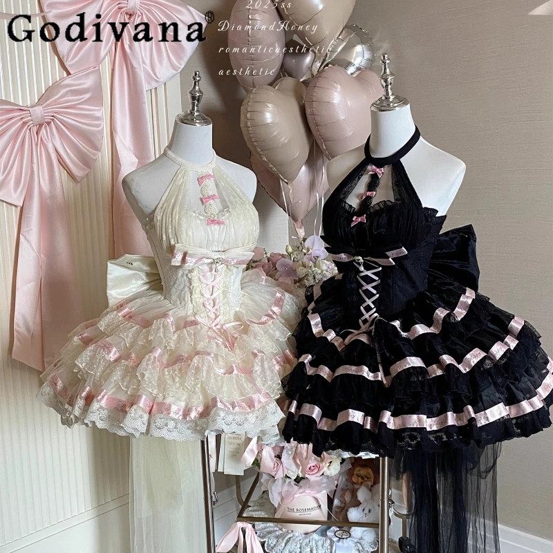 

French Elegant Princess Dress Women's Slim Fit Off-Shoulder Halter Sexy Lolita Mini Puffy Dress Anniversary Party Evening Dress