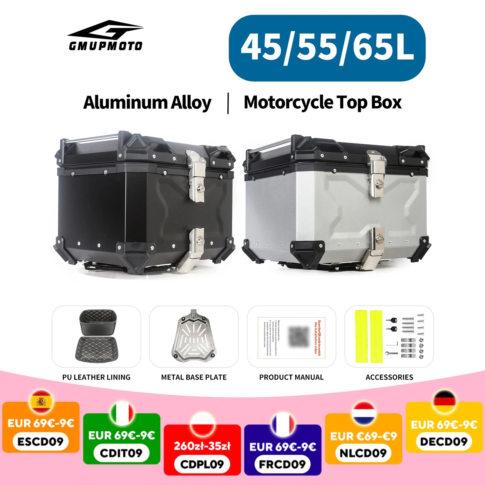 Boîte supérieure de moto en aluminium 45L 55L 65L, boîtier rigide universel, étanche, verrouillable, Anti-Collision, coffre, boîte à outils à dégagement rapide