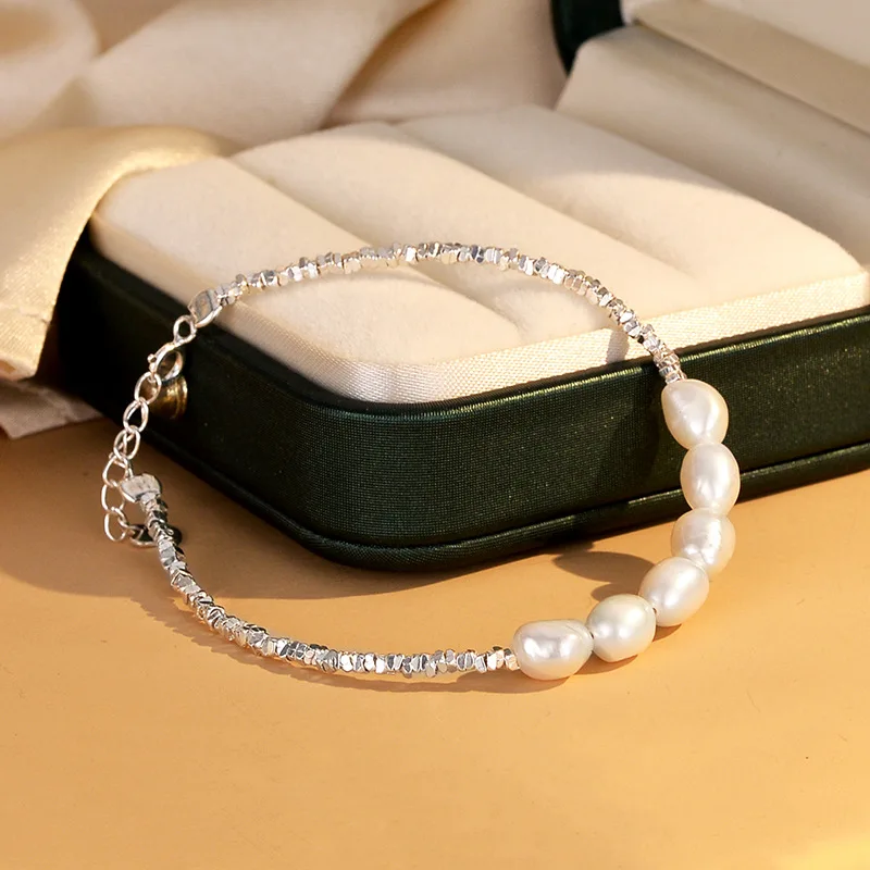 Irregular Bead Bracelets For Women Silver 925 Nature Freshwater Pearl Sterling 925 Silver Women's Bracelet