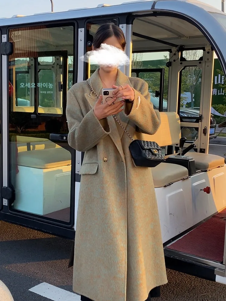 Doppelseitiger Kamelwolle-Camere-Mantel für Damen, mittellang, lockere Passform, gerade gestreifte Wolloberbekleidung, koreanische Sle Commute