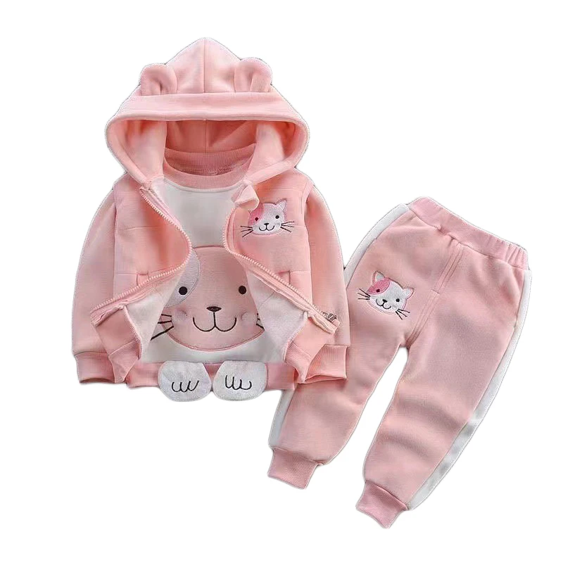 Boys and Girls Autumn and Winter New Cat Printed Cartoon Cute and Thick Velvet Fashion Warm 3-Piece Set for 0-3 Years