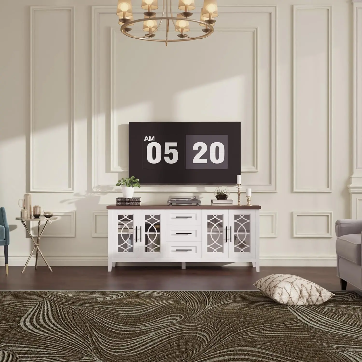 Suportes de TV para sala de estar, centro de entretenimento com porta de vidro, suportes de televisão, 2 portas de armazenamento e 3 gavetas para 65 polegadas