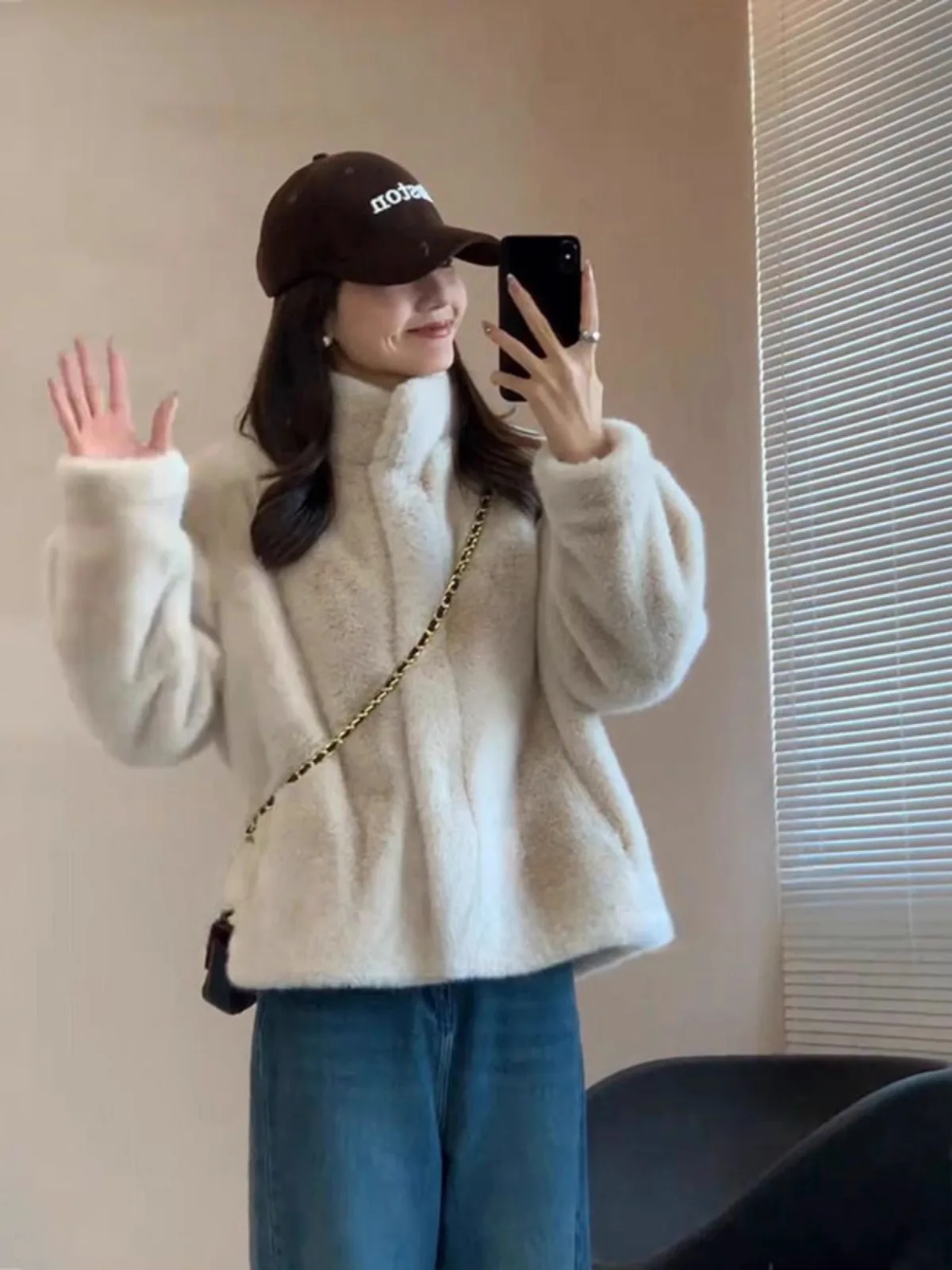 Outono inverno falso casaco de pele de vison para mulheres simples gola até jaqueta de pelúcia moda americana alta rua engrossar casaco