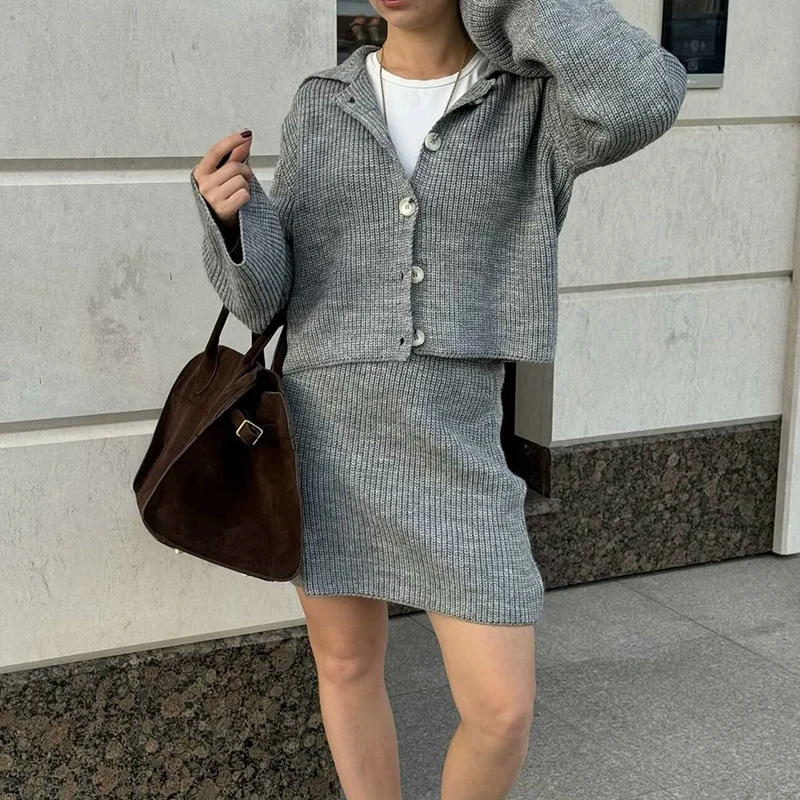 

Autumn Knit Two Piece Sets Women Knitwear Jumper Loose Tops Long Sleeve Jacket Sweater Cardigan High Waist Skirt Mini Skirts