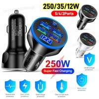 12/35/250W PD Car Charger QC3.0 Fast Charge Car Cigarette Lighter Plug 2/4/5 Port Car Charger Flash Charge with Digital Display