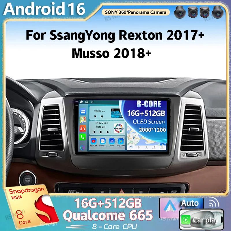 Android 16 For SsangYong Rexton 2017+ Musso 2018+ 2K QLED Android Car Radio Multimedia Video Player GPS 4G CarPlay Stereo