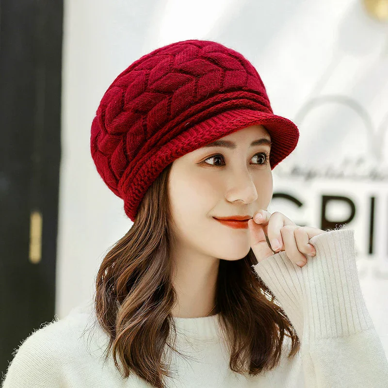 المرأة الشتاء بلون الدافئة الحياكة فضفاضة القبعات الترفيه قبعة تزلج النسخة الكورية قبعة زائد المخملية سميكة الحياكة غطاء للأذن