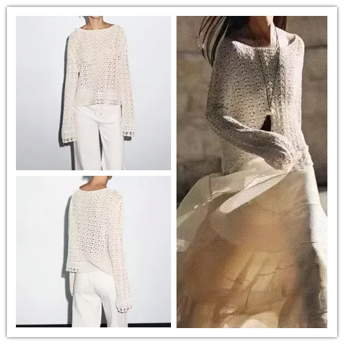 

Vaion Sle Beachy Lace-Up Hollow out Long Sve Knitted Top round Ne Casual Faion Polyester Fiber Women's Pullover