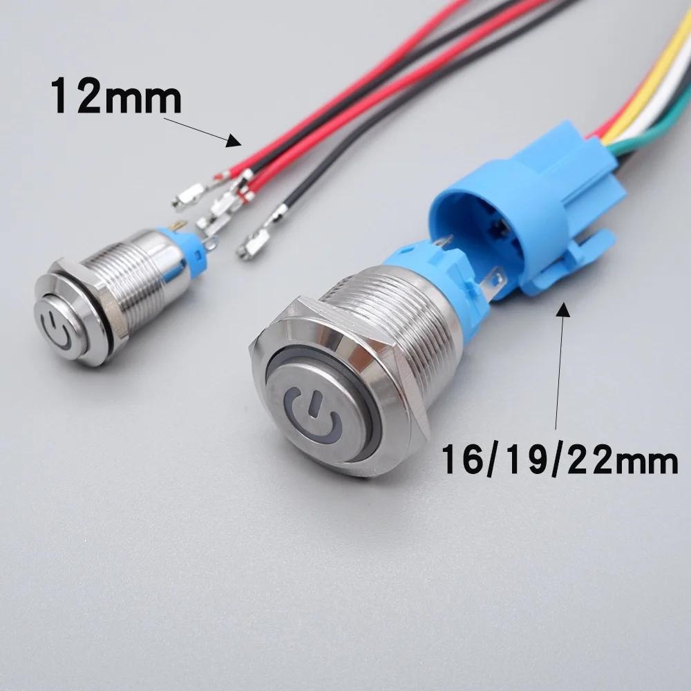 Metal Push Button Switch LED Light PC Power 12v with Wire On Off Waterproof 12mm 16mm 19mm 22mm for Car Momentary Latching Red