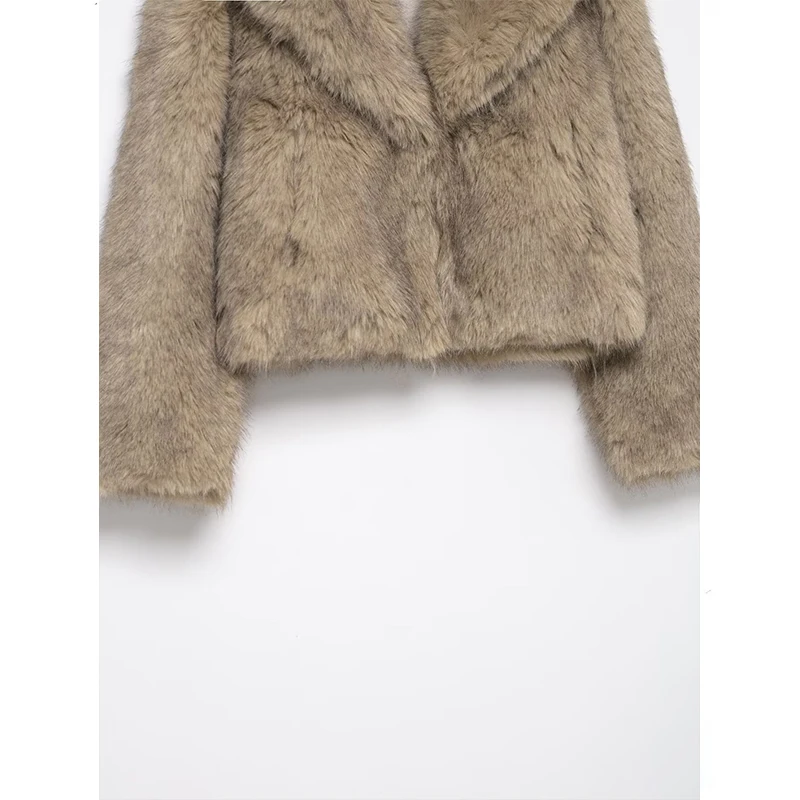 Chaqueta de invierno elegante de piel sintética para mujer, abrigo cálido y esponjoso de manga larga con solapa, chaquetas cortas, moda de calle alta, nueva ropa de abrigo