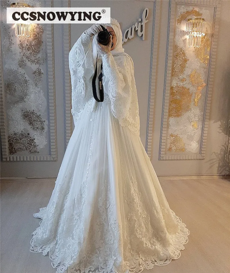 Vestido De Noiva Muçulmano Do Laço para A Noiva com Cabo Manga Longa Islâmica Vestidos De Noiva Gola Alta Mulheres Árabe Dubai Robe De Mariée