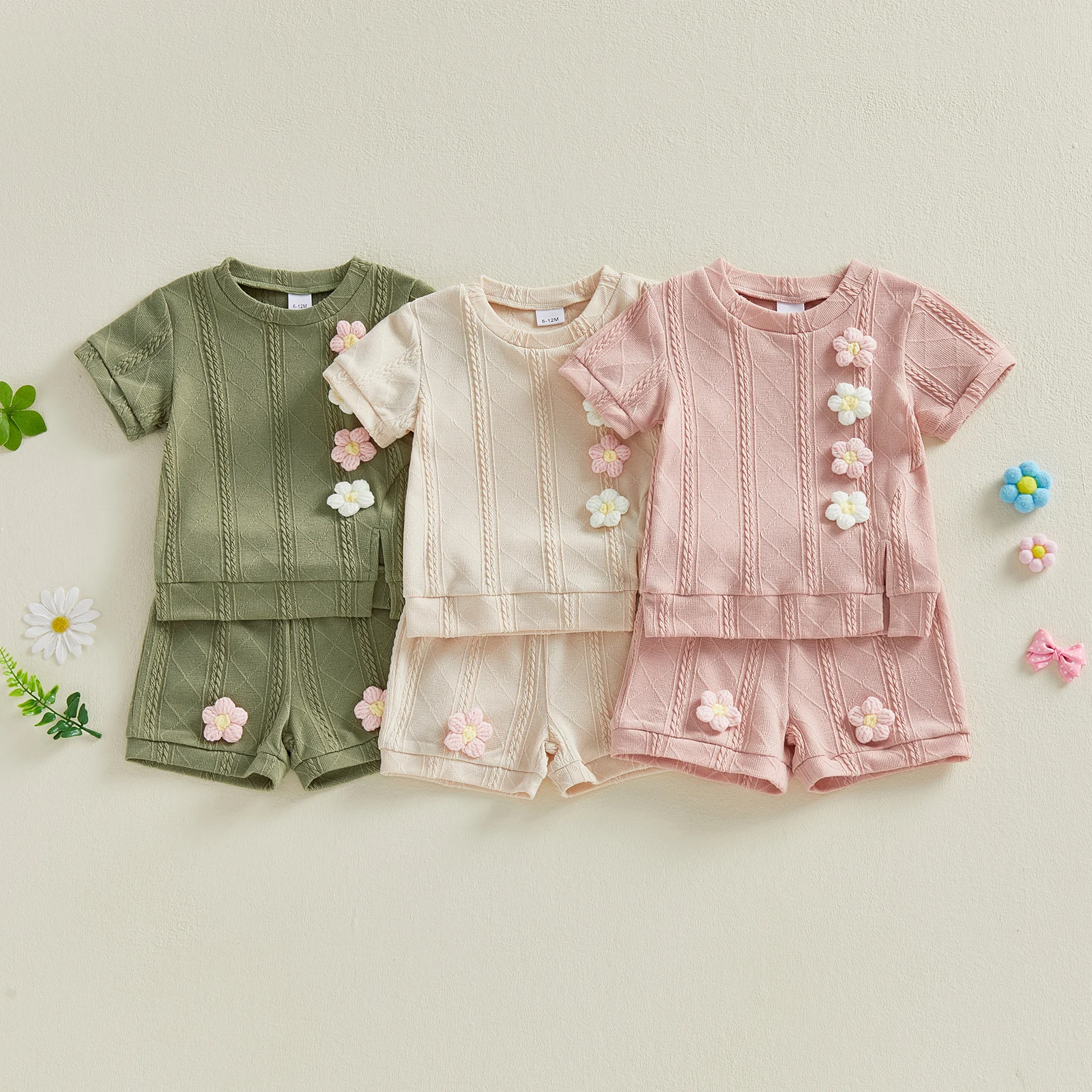 0-4Y Toddler Baby Girl Summer Outfit 3D Flowers Crew Neck Short Sleeve T shirt Tops Shorts 2 Pcs Set