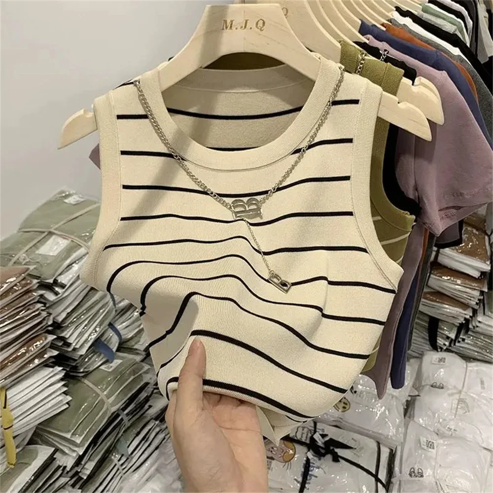 

Summer Striped Vest Top Women New Waistcoat Casual Wear Knit Sleeveless Harajuku Korean Wide Edge Temperament Short Bottom Shirt