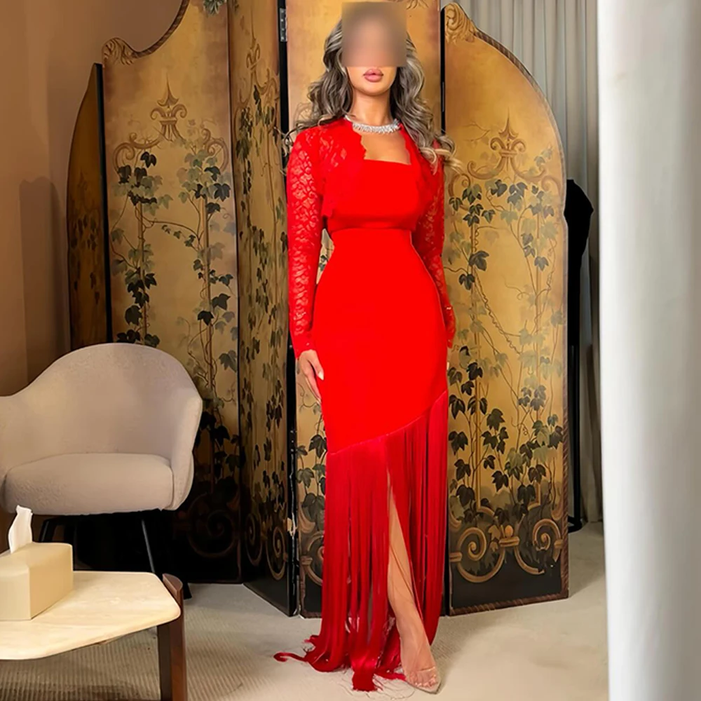 

Simple Jersey Evening Dress Exquisite Strapless Tassel Customized Celebrity Gowns Temperament Lace Long Sleeves Celebrity Gowns