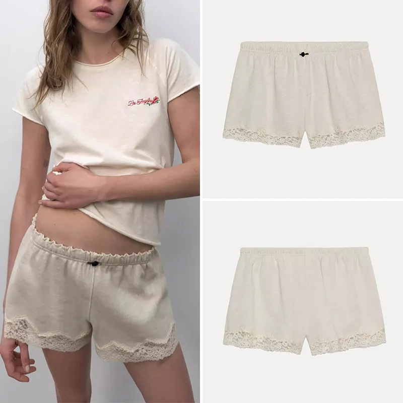 

Весна 2026: Женские шорты с кружевными вставками, эластичным поясом, прямым кроем, натуральной талией, из других материалов, 100% короткие брюки