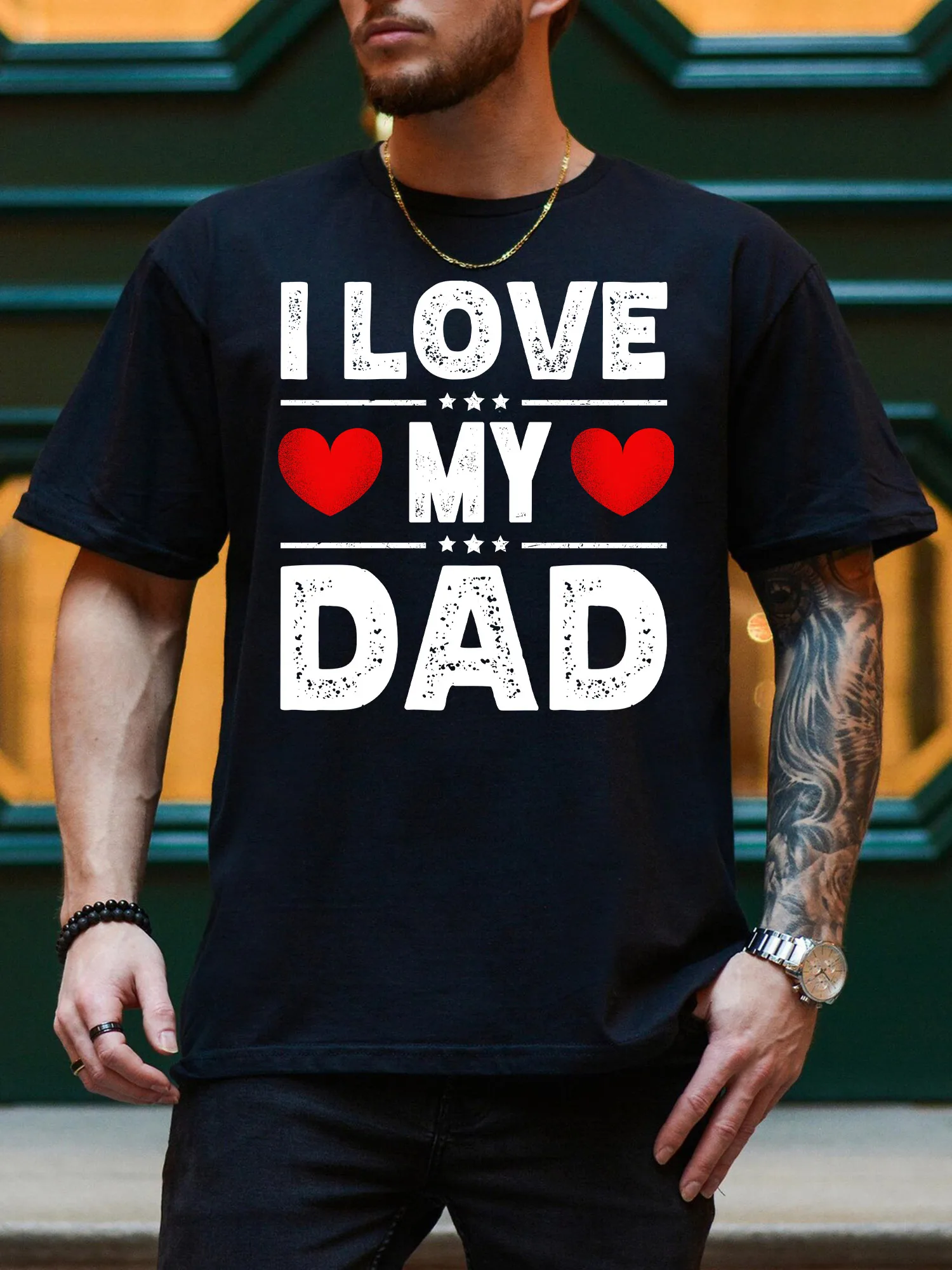 

I Love My Dad Men's Everyday T-Shirt - Short Sleeve Crew Neck T-Shirts For Men, Pure Cotton Black Tee